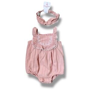 Tommy Bahama Bubble Romper Headband Set Baby 6–9M Pink Embroidered Summer Gauze